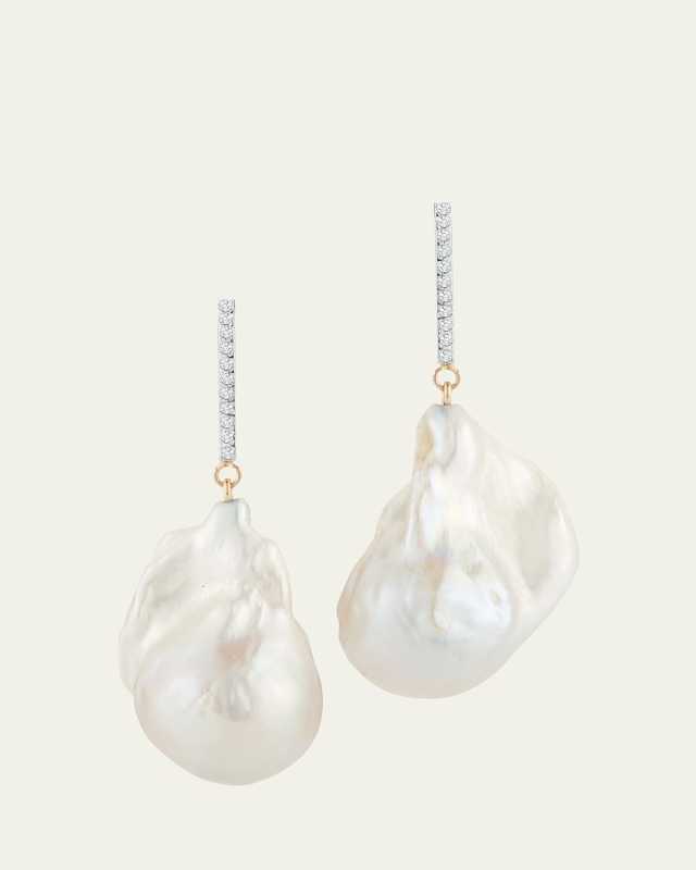 14K Diamond Bar Baroque Pearl Earrings