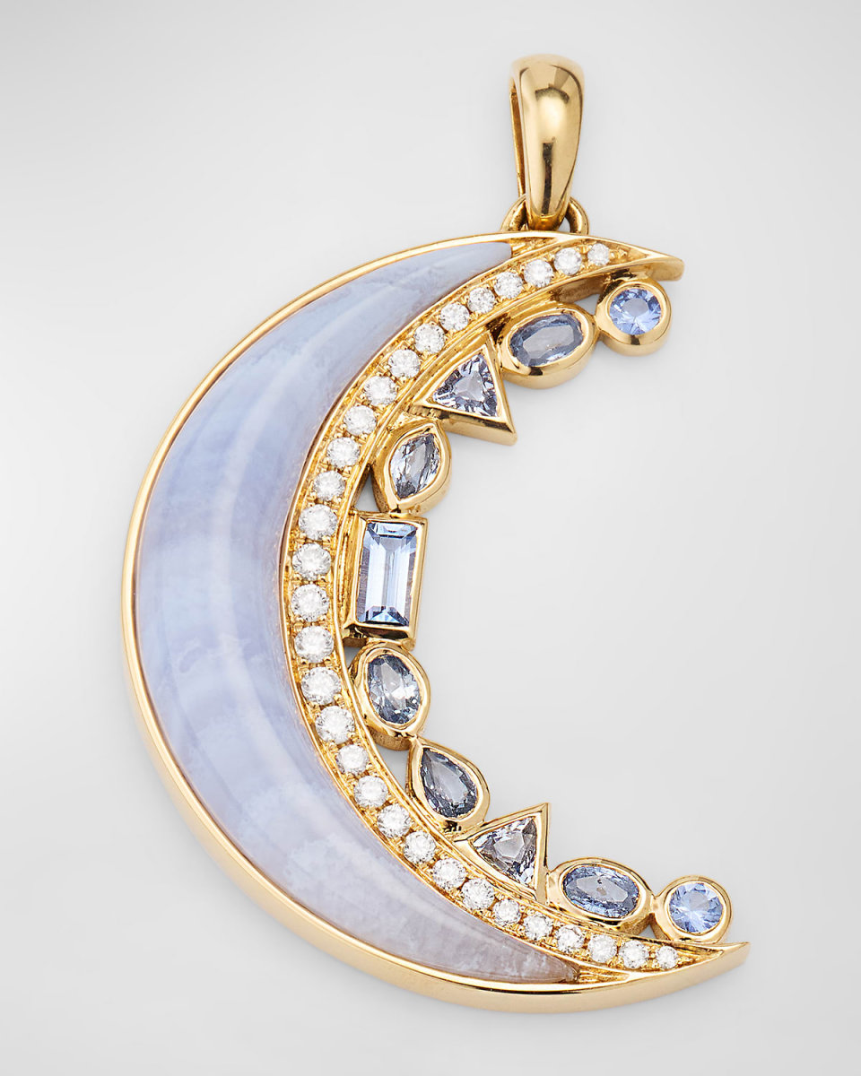 18K Yellow Gold Blue Lace Agate Crescent Moon Pendant
