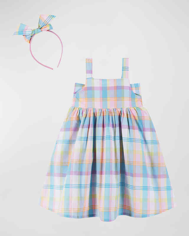 Girl's Pastel Plaid-Print Baby Doll Dress W/ Headband, Size 2T-6X