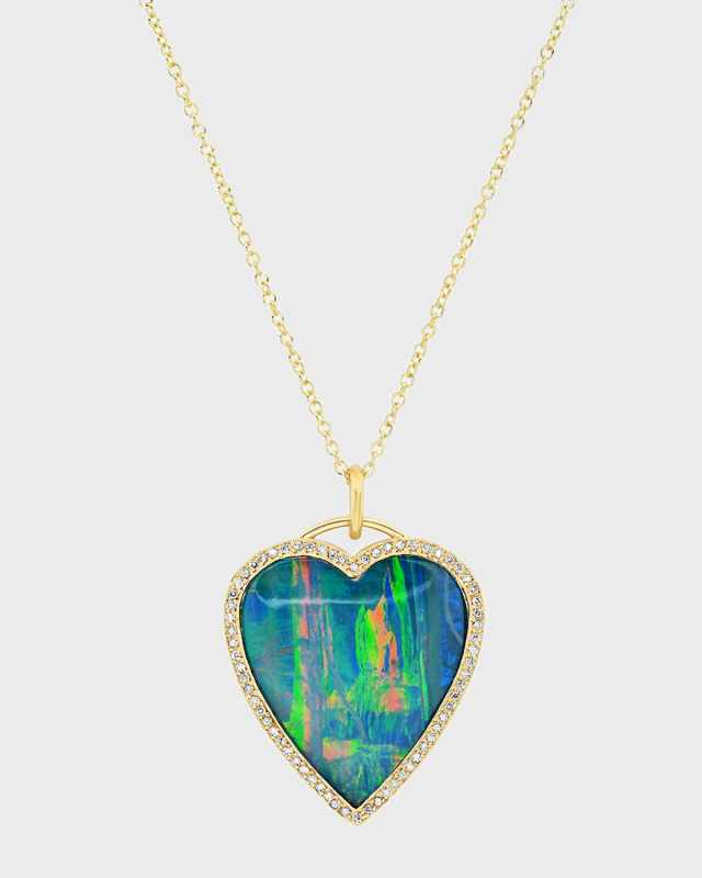 Yellow Gold Blue Opal Inlay Heart Necklace