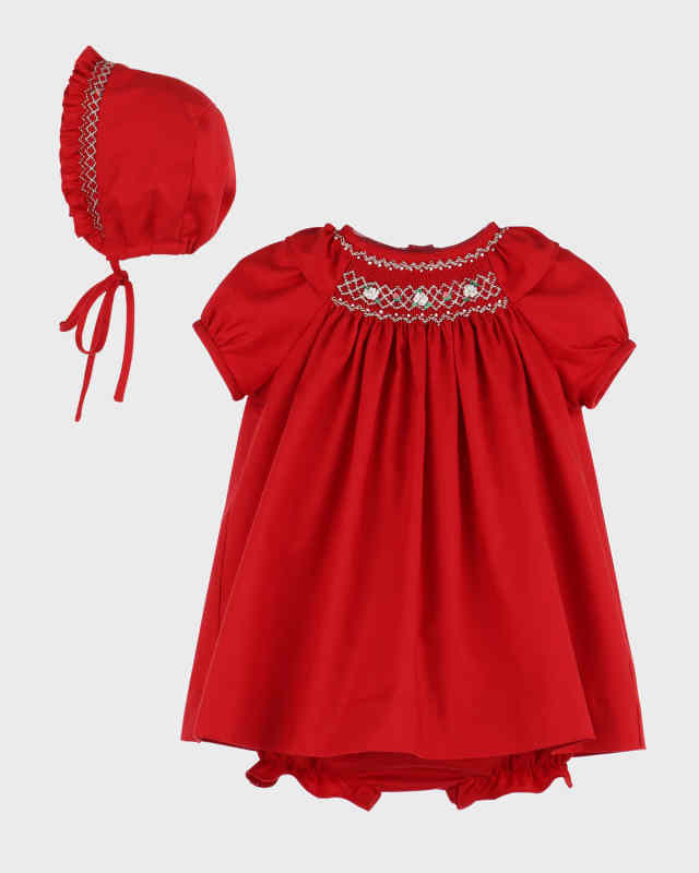 Girl's Timeless Bliss Smocked Bishop Dress W/ Bloomers & Bonnet, Size 3M-
