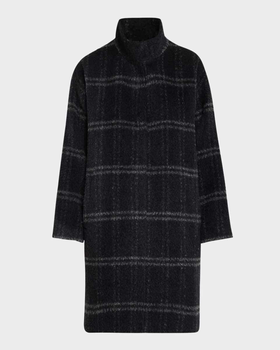 Snap-Front Plaid Wool Coat