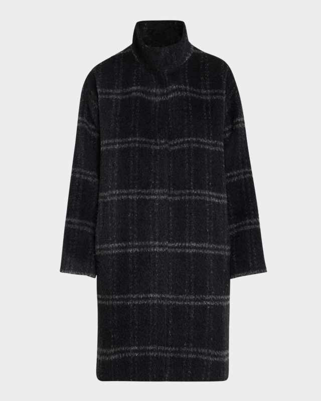 Snap-Front Plaid Wool Coat