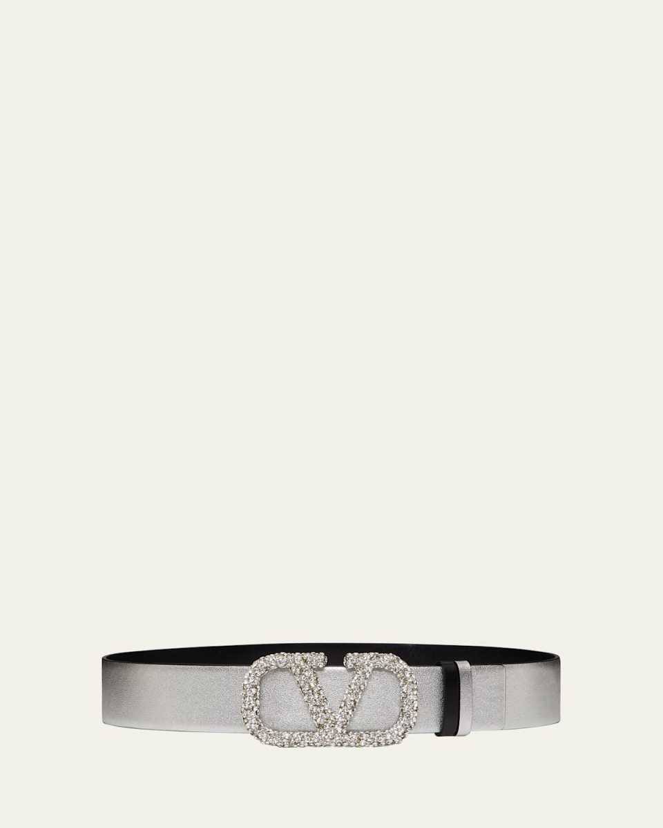 Embellished V-Logo Reversible Leather Belt
