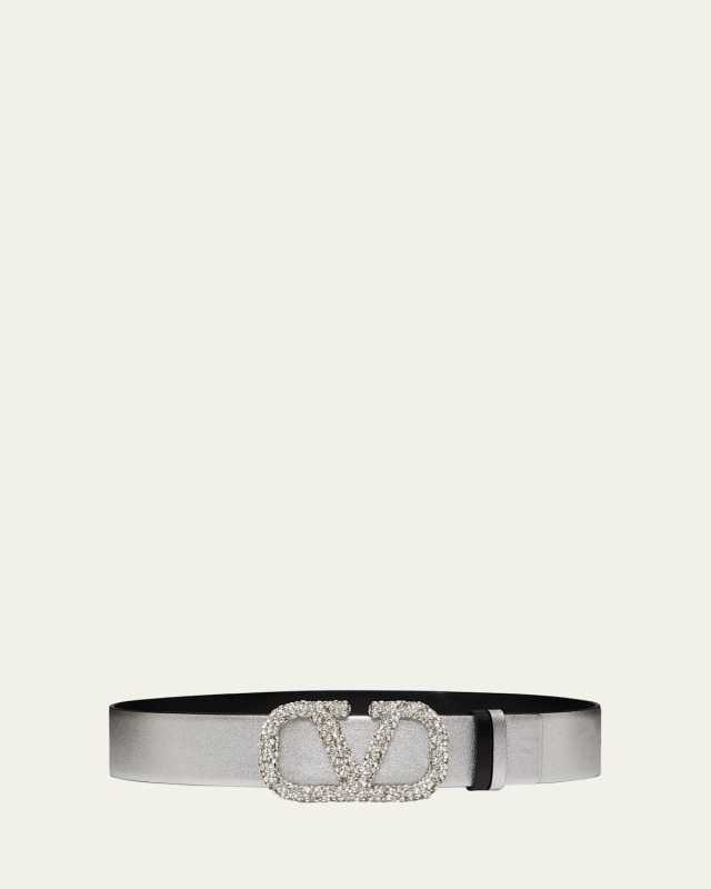 Embellished V-Logo Reversible Leather Belt