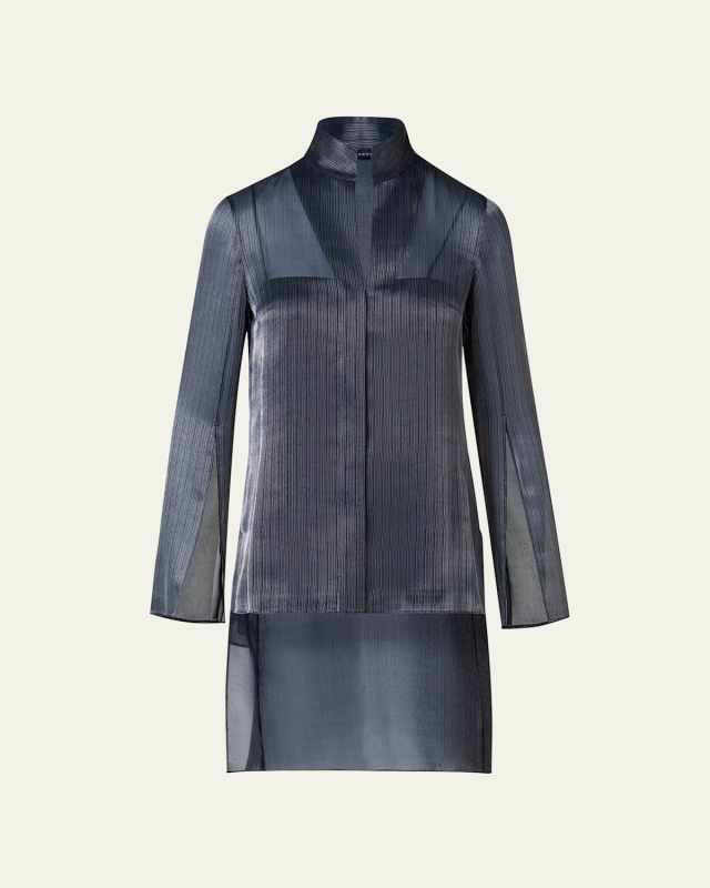 Grid-Embroidered High Low Tunic Blouse