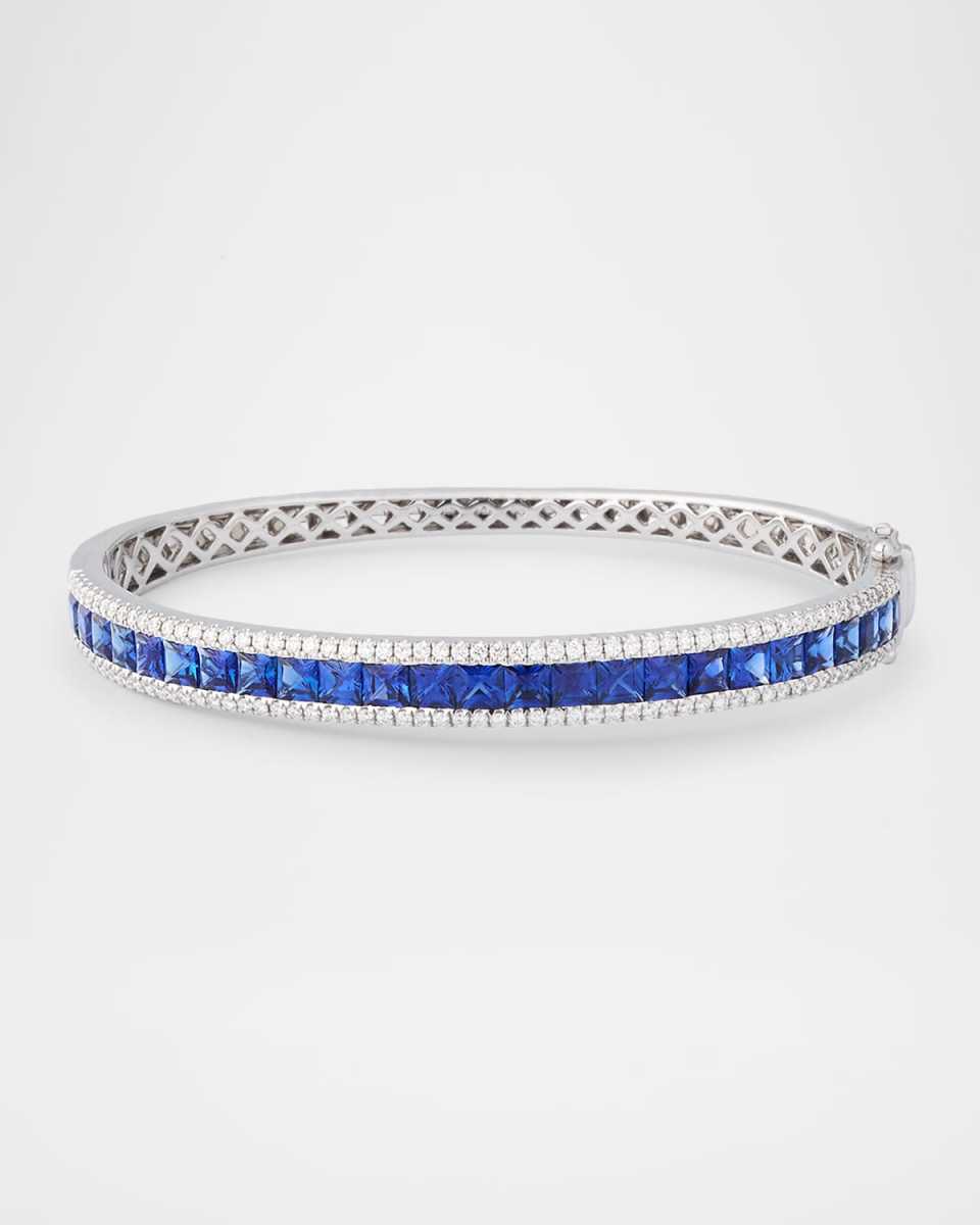Rainbow 18K White Gold Princess Channel Blue Sapphire and Diamond Triple Row Bangle Bracelet