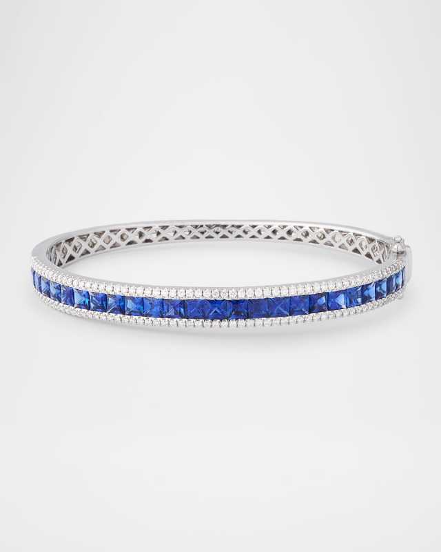 Rainbow 18K White Gold Princess Channel Blue Sapphire and Diamond Triple Row Bangle Bracelet