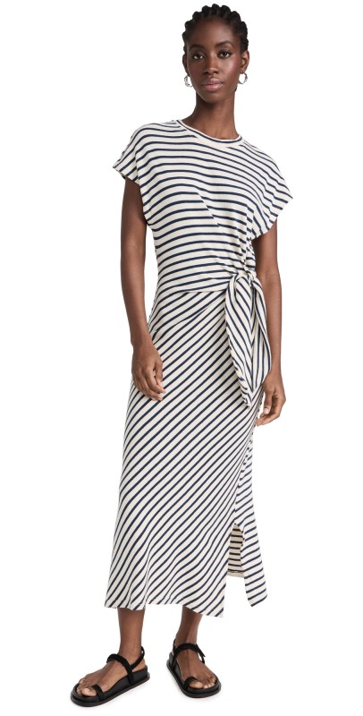 Apiece Apart Vanina Cinched Waist Dress Navy Cream Stripe