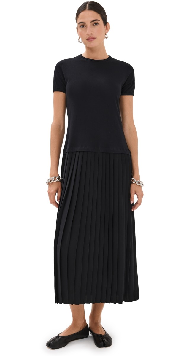 MM6 Maison Margiela Short Sleeve Pleated Midi Dress Black/Black