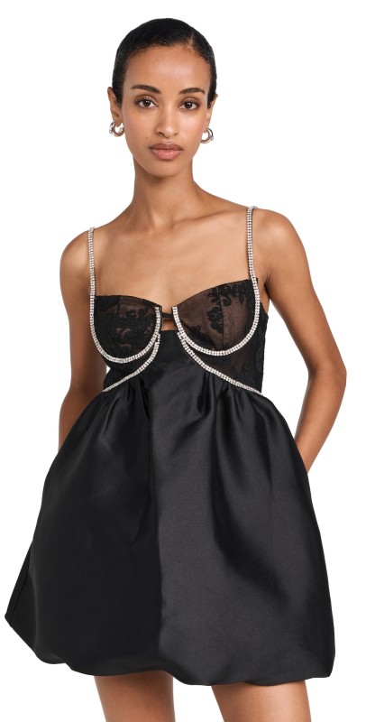 Self Portrait Black Taffetta Diamante Mini Dress Black