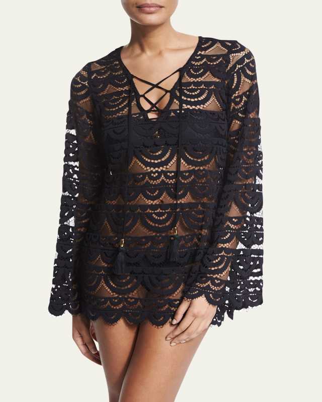 Noah Crocheted Tunic Coverup, Black/Gold