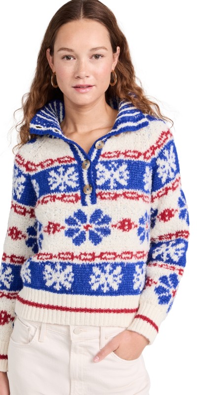 MOTHER The Buttoned Funnel Sweater Snow Daze