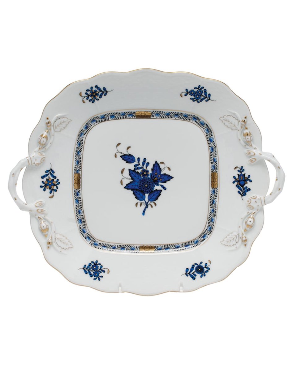 Chinese Bouquet Black Sapphire Square Cake Plate with Handles