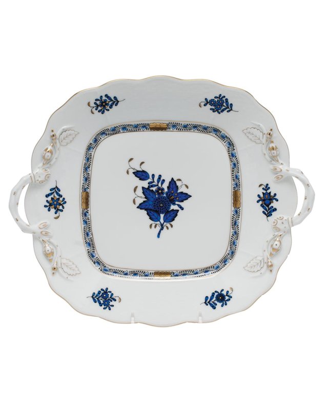 Chinese Bouquet Black Sapphire Square Cake Plate with Handles