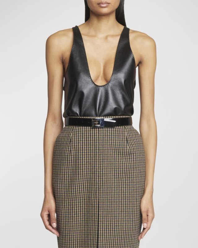 Saint Laurent Plunging Scoop-Neck Leather Tank Top