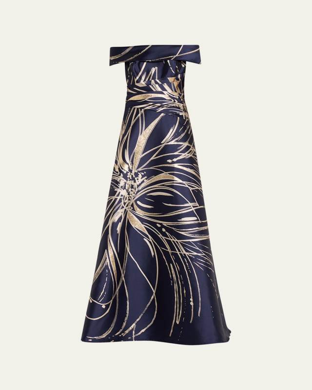 Boat-Neck Metallic Floral Jacquard Gown