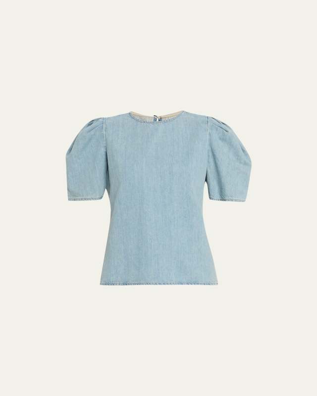 Denim Draped-Sleeve Blous