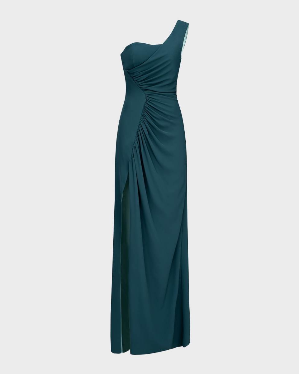 Verdianna Ruched One-Shoulder Crepe Gown