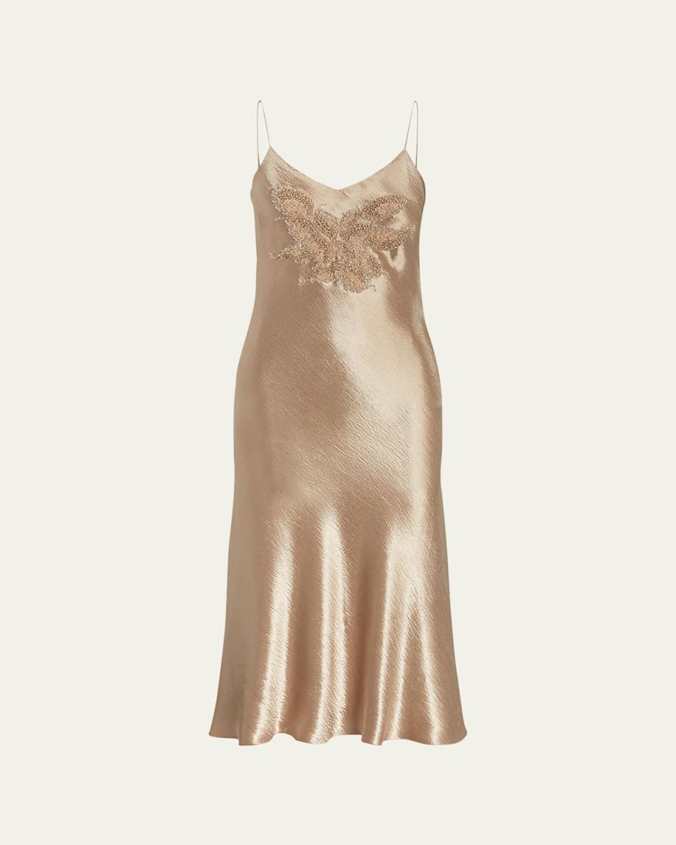 Rebekka Hammered Satin Midi Dress with Beading