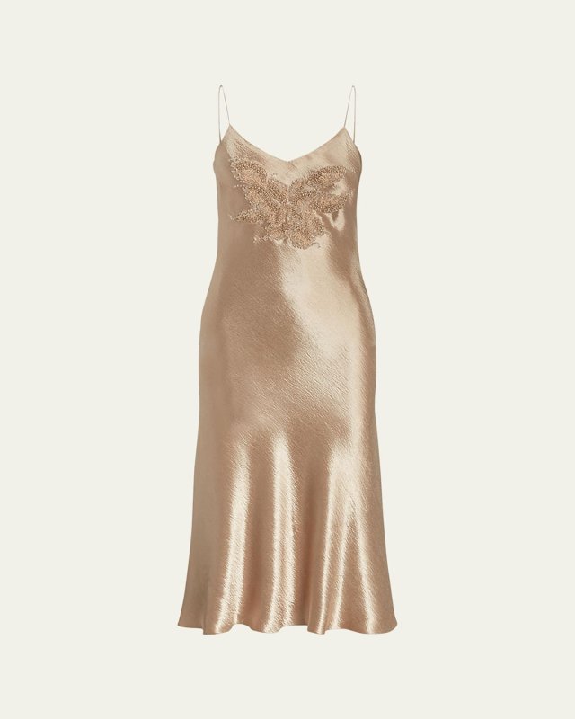 Rebekka Hammered Satin Midi Dress with Beading