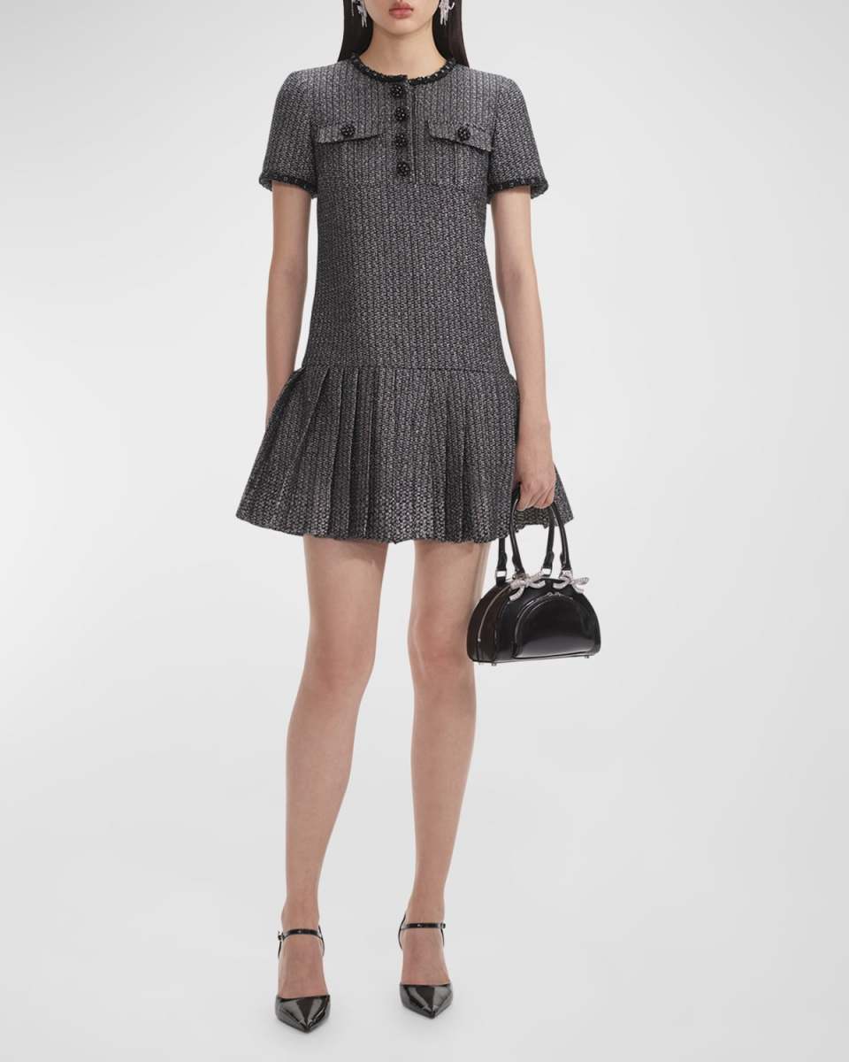 Metallic Boucle Pleated Mini Dress