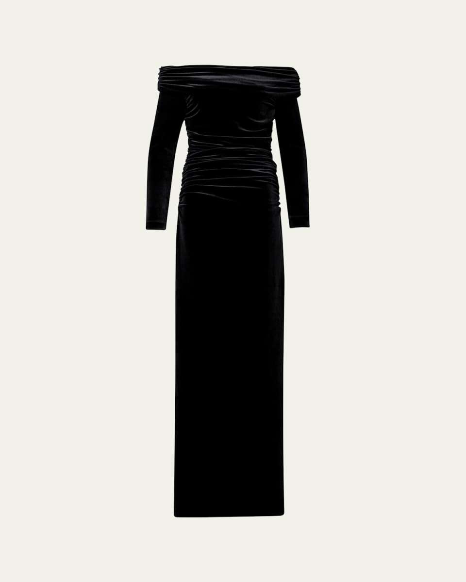 Long Velvet Off-Shoulder Ruched Gown