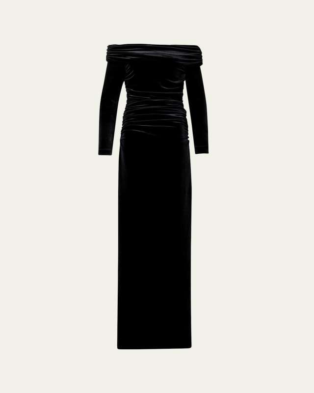 Long Velvet Off-Shoulder Ruched Gown