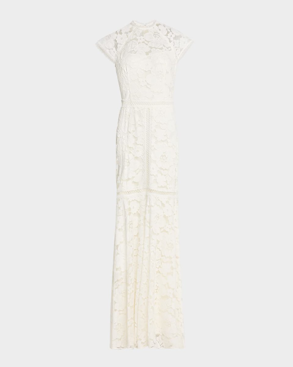 Cap-Sleeve Floral Lace Gown