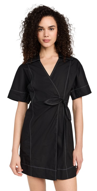 GANNI Cotton Poplin Wrap Mini Dress Black