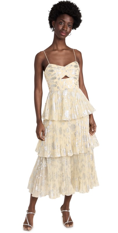 Self Portrait Metallic Jacquard Midi Dress Yellow