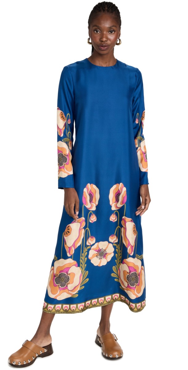 La DoubleJ Long Sleeve Swing Dress Poppies Blue Placée
