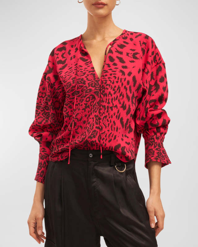 Hailey Animal-Print Tie-Neck Blouse