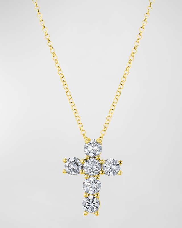 18K Gold 6-Stone Shared Prong Round Diamond Cross Necklace, 16"L, 3.00tcw