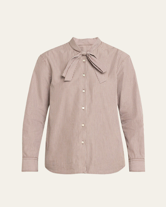 Suzette Button-Front Tie-Neck Silk Top