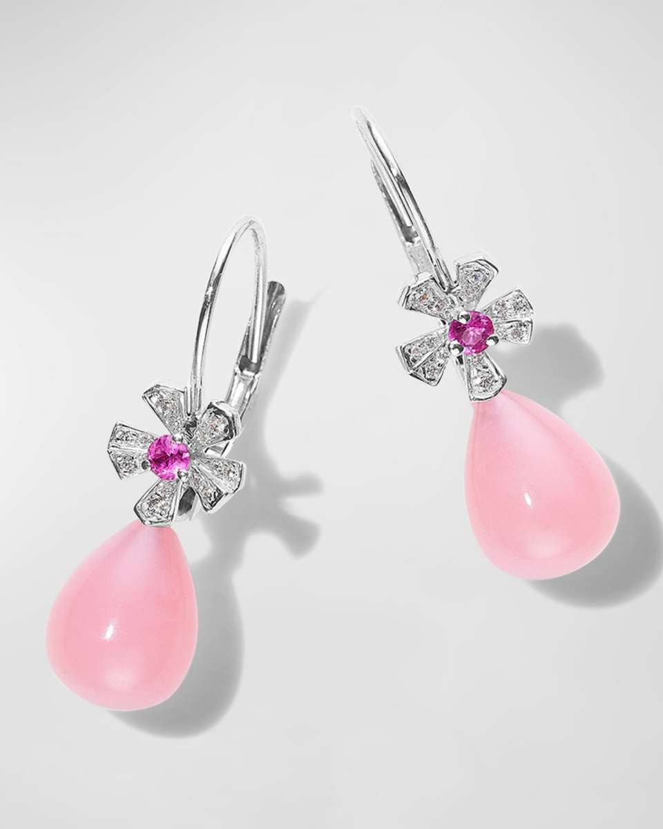 18K White Gold Diamond and Sapphire Flower Earrings with Pink Opal Drops