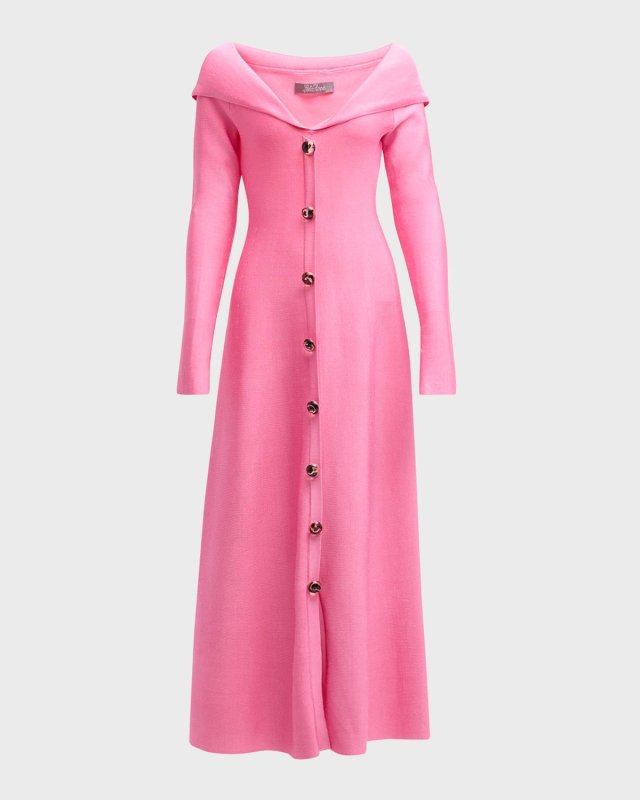 Off-The-Shoulder Long-Sleeve Button-Front Midi Dress