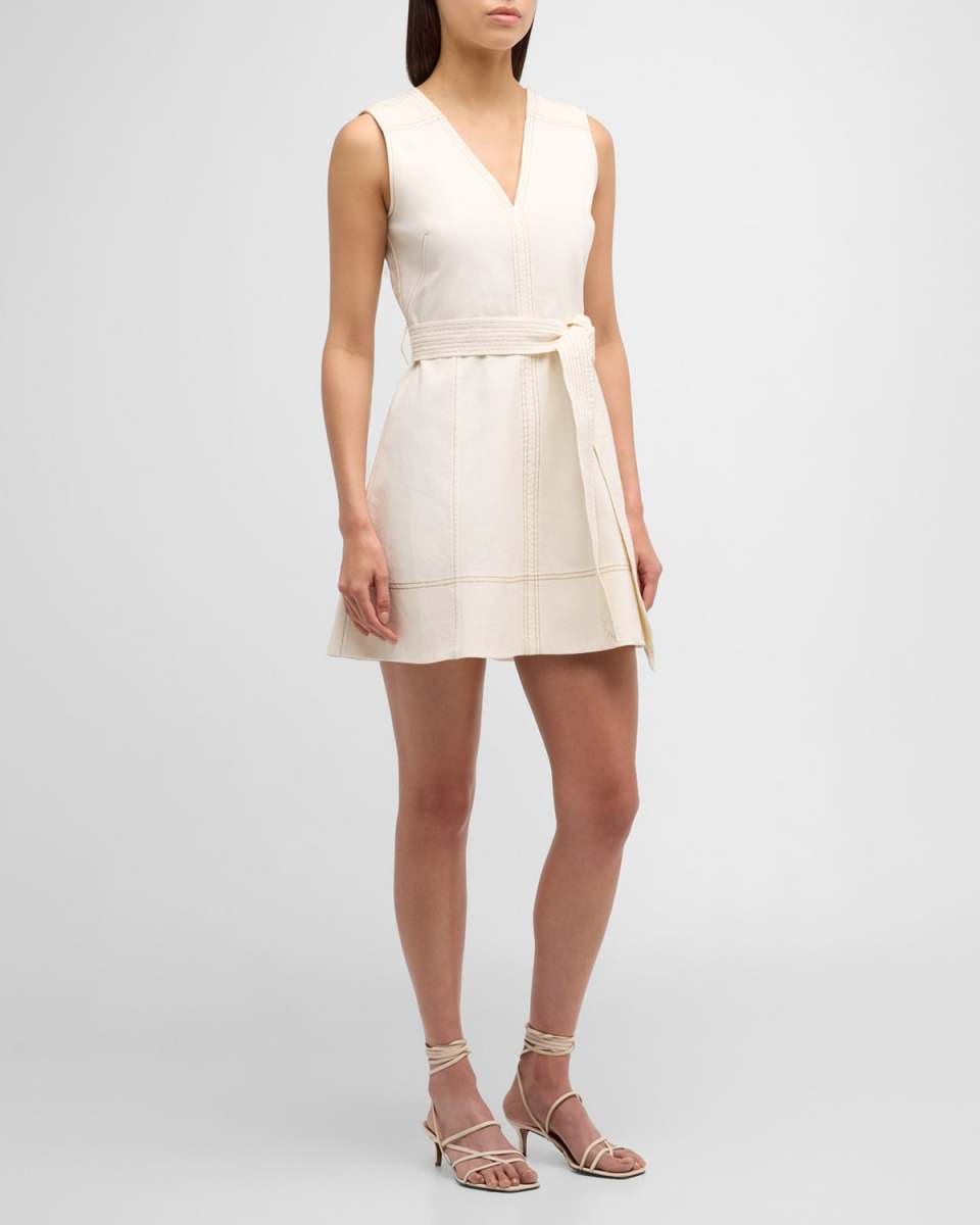 Reina Sleeveless Belted V-Neck Denim Mini Dress