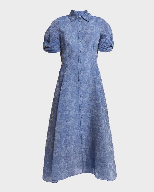 Twisted Short-Sleeve Floral Brocade Midi Shirtdress