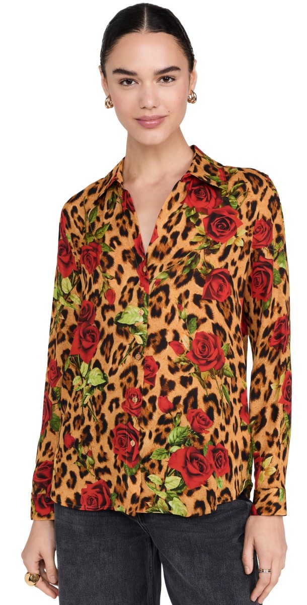 L'AGENCE Nina Long Sleeve Blouse Multi Leopard Romantic Rose