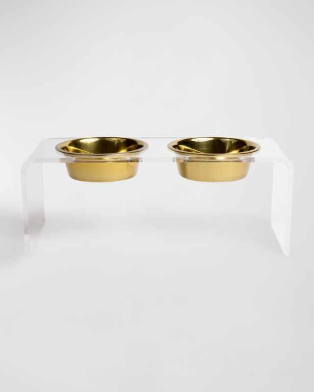 Medium Clear Double Bowl Pet Feeder, 1 Qt Gold Bowls