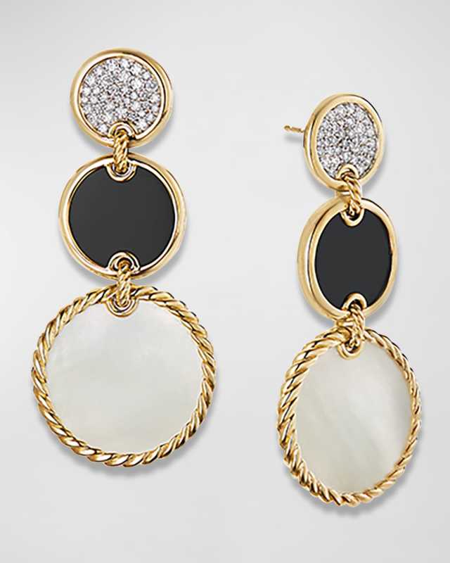 DY Elements Triple Drop Earrings in 18K Yellow Gold with Mother-of-Pearl, Black Onyx & Pave Diamonds