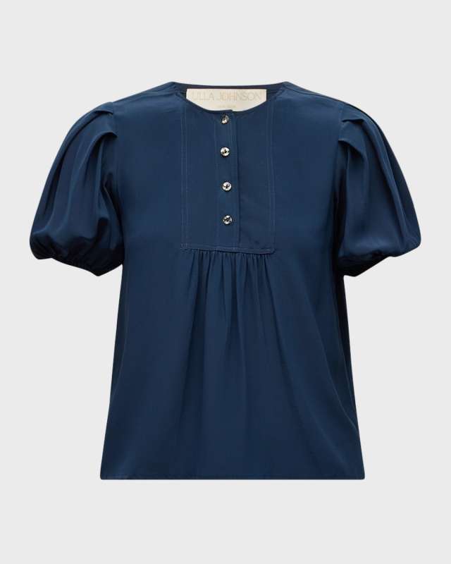 Lila Gathered Silk Puff-Sleeve Top