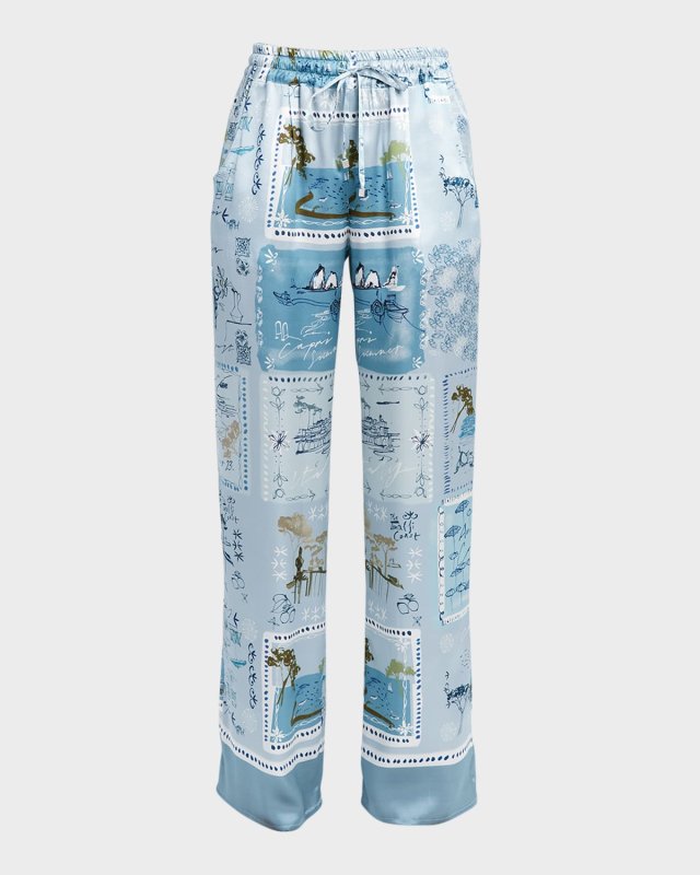 Capri-Print Wide-Leg Silk Pull-On Pants