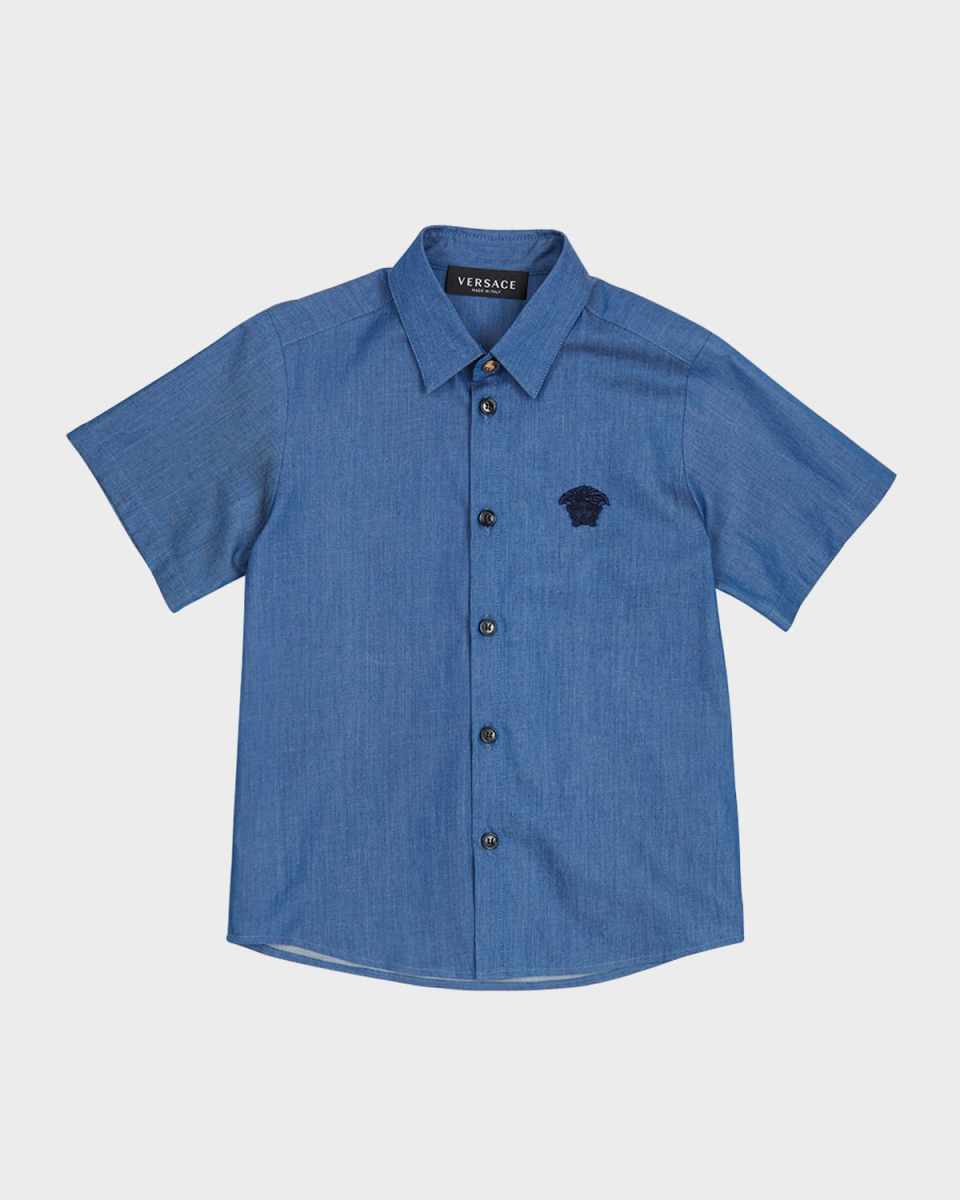 Boy's Chambray Medusa Embroidered Short-Sleeve Shirt, Size 8-14
