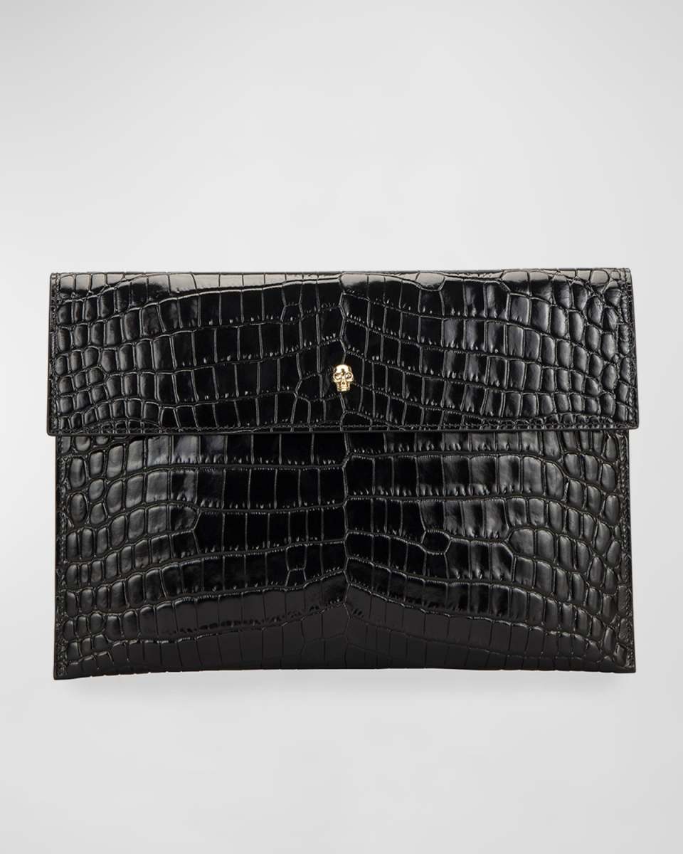 Skull Mock-Croc Envelope Clutch Bag
