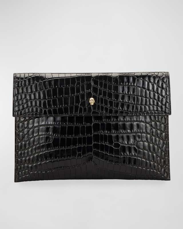 Skull Mock-Croc Envelope Clutch Bag