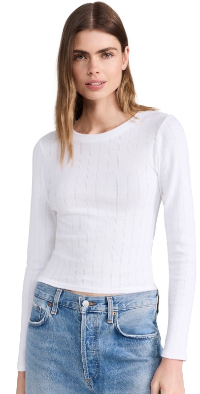 perfectwhitetee Leah Pointelle Long Sleeve Top White