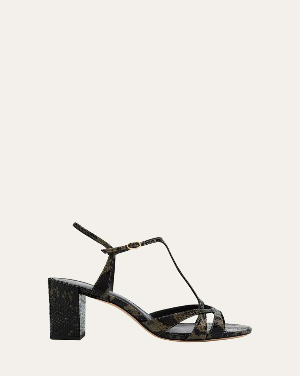 Caterine Snake-Embossed T-Strap Sandals