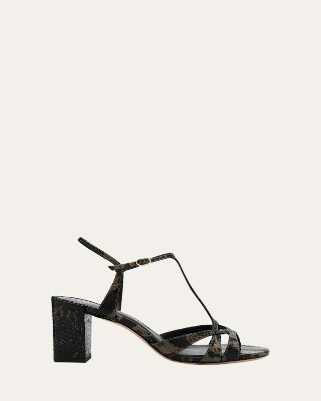 Caterine Snake-Embossed T-Strap Sandals